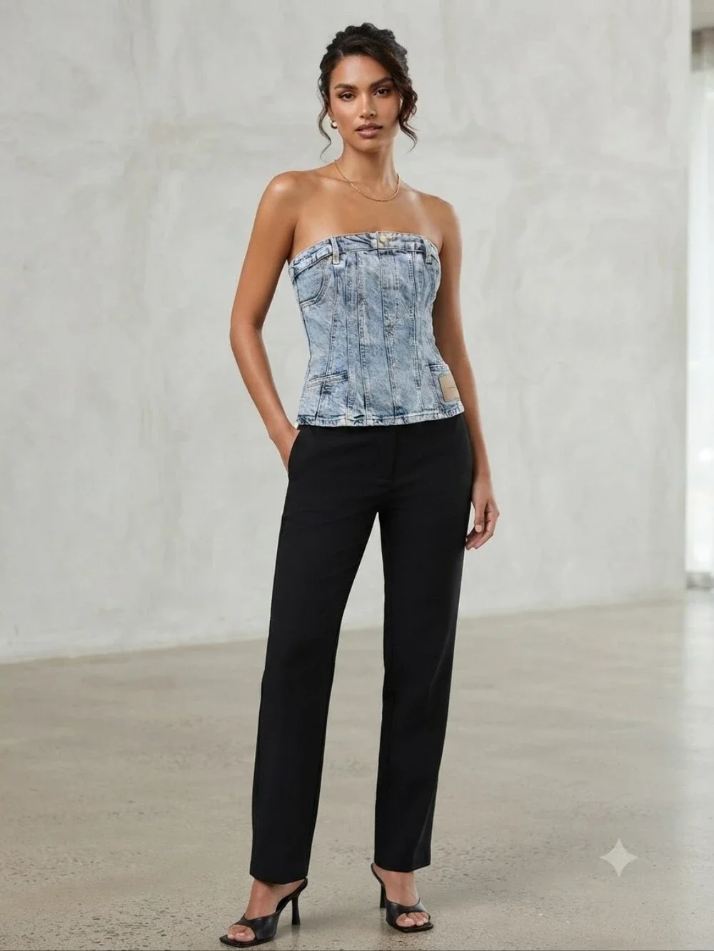 H&M Divided Denim Corset Bustier Top Size M  Zipper Closure Y2K Blue